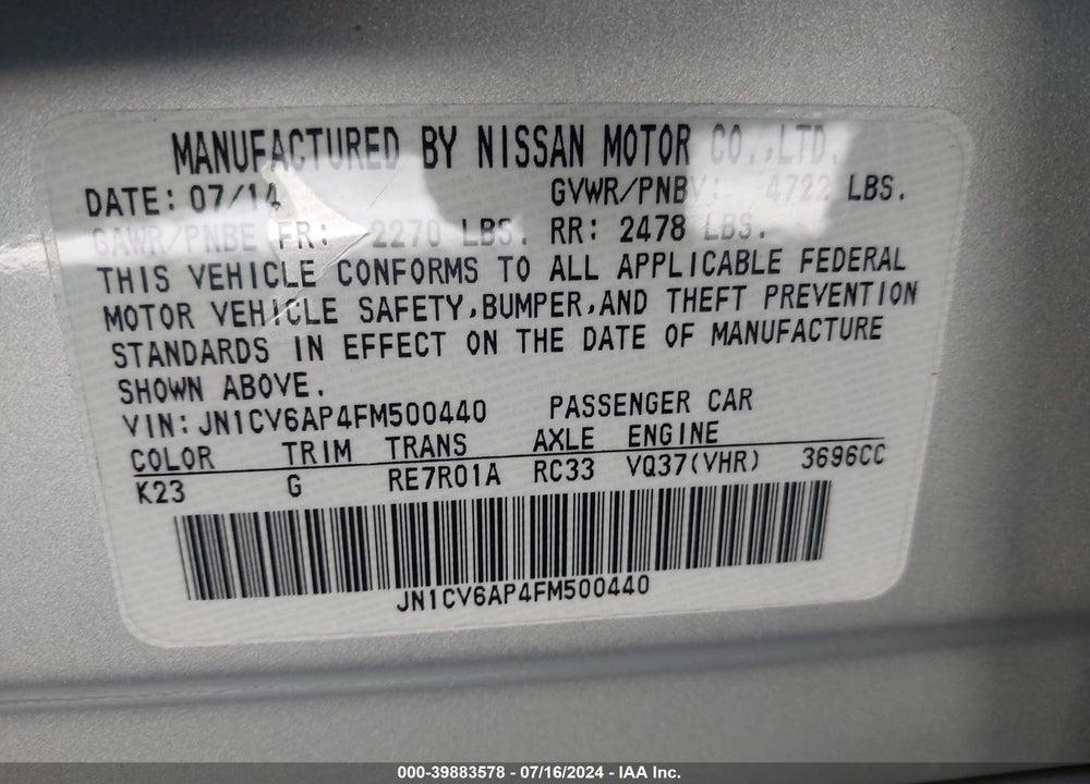 2015 INFINITI Q40 VIN: JN1CV6AP4FM500440