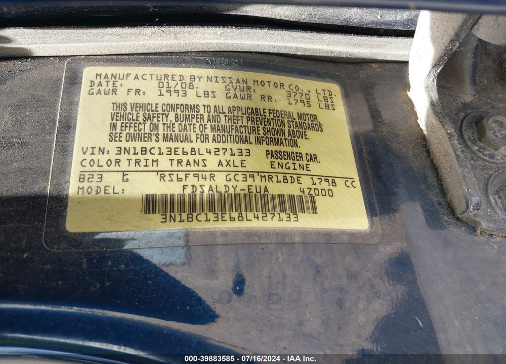 2008 NISSAN VERSA 1.8S VIN: 3N1BC13E68L427133