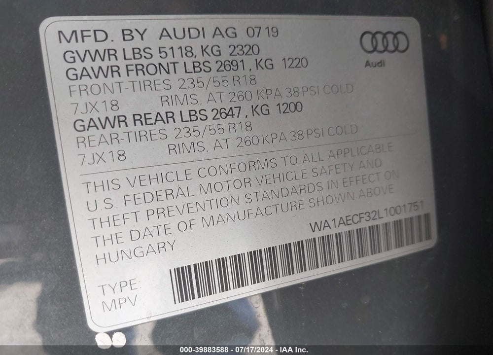 2020 AUDI Q3 PREMIUM 45 TFSI QUATTRO TIPTRONIC VIN: WA1AECF32L1001751