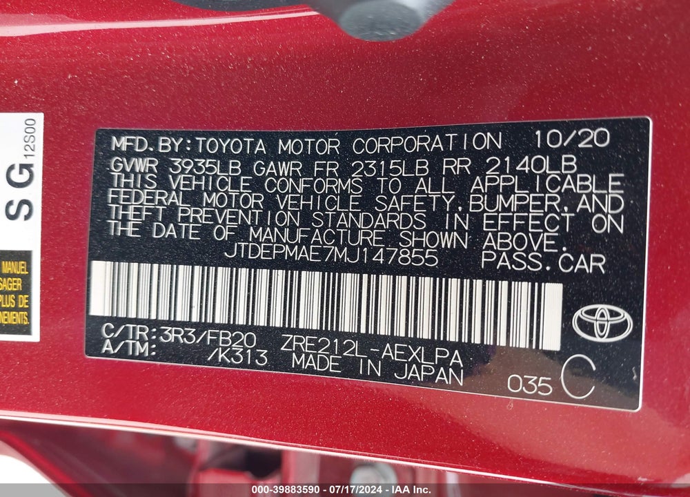 2021 TOYOTA COROLLA LE VIN: JTDEPMAE7MJ147855