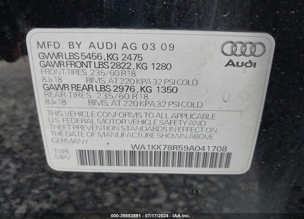 2009 AUDI Q5 3.2 PREMIUM VIN: WA1KK78R59A041708