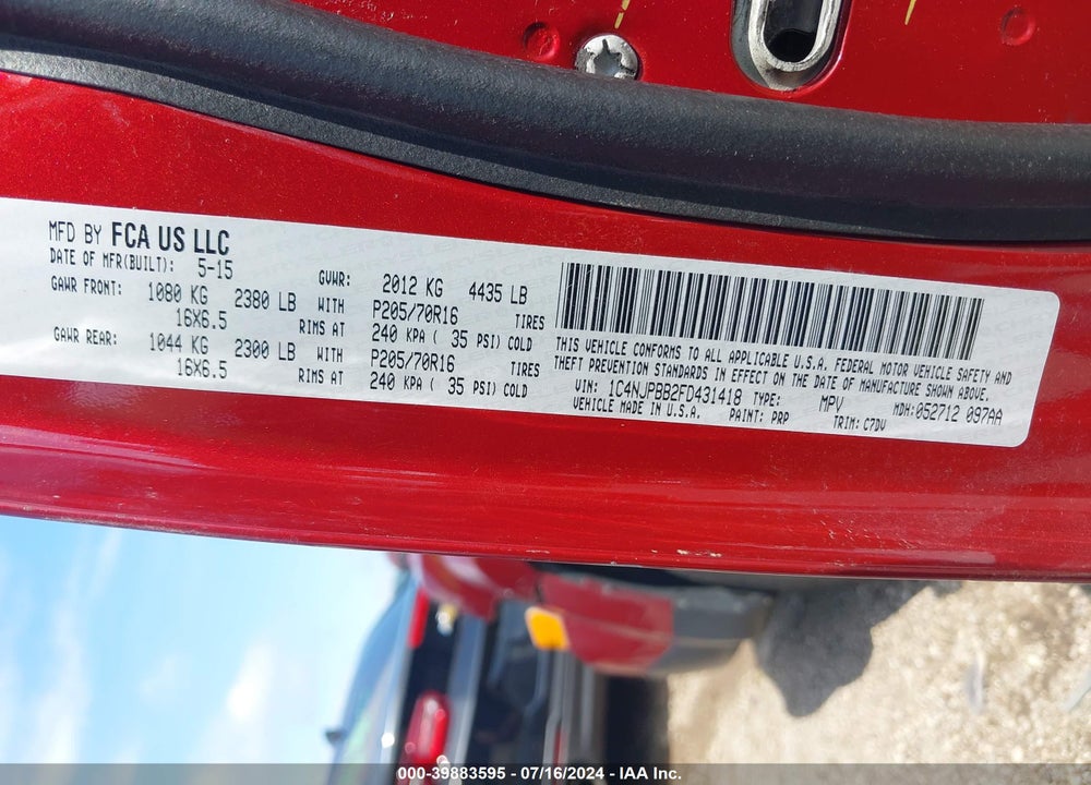 2015 JEEP PATRIOT SPORT VIN: 1C4NJPBB2FD431418