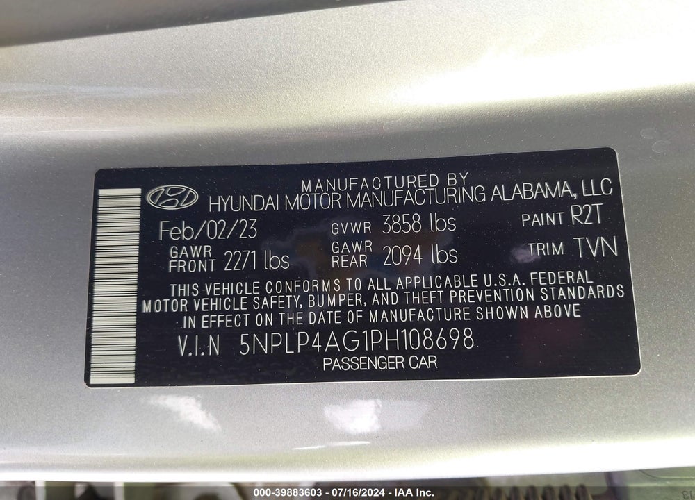 2023 HYUNDAI ELANTRA LIMITED VIN: 5NPLP4AG1PH108698