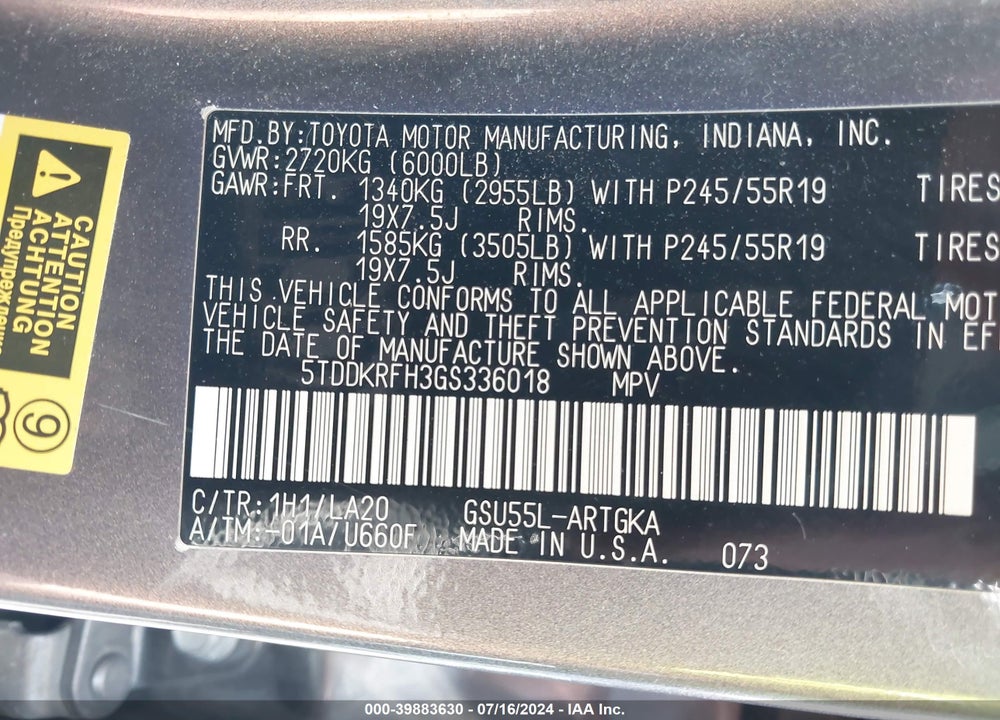 2016 TOYOTA HIGHLANDER LIMITED V6 VIN: 5TDDKRFH3GS336018