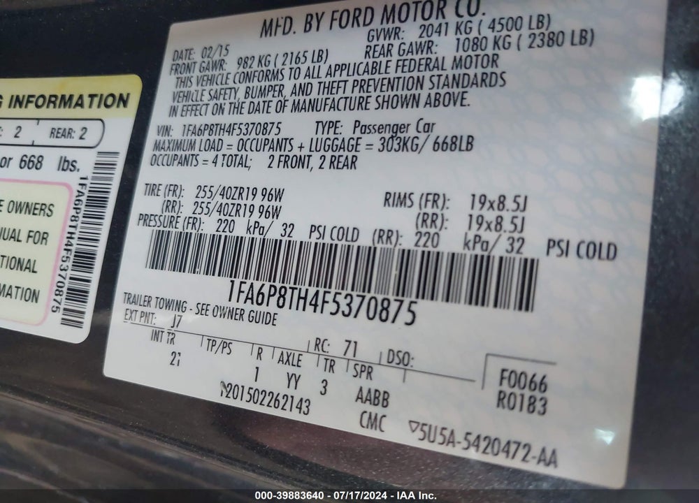 2015 FORD MUSTANG ECOBOOST VIN: 1FA6P8TH4F5370875