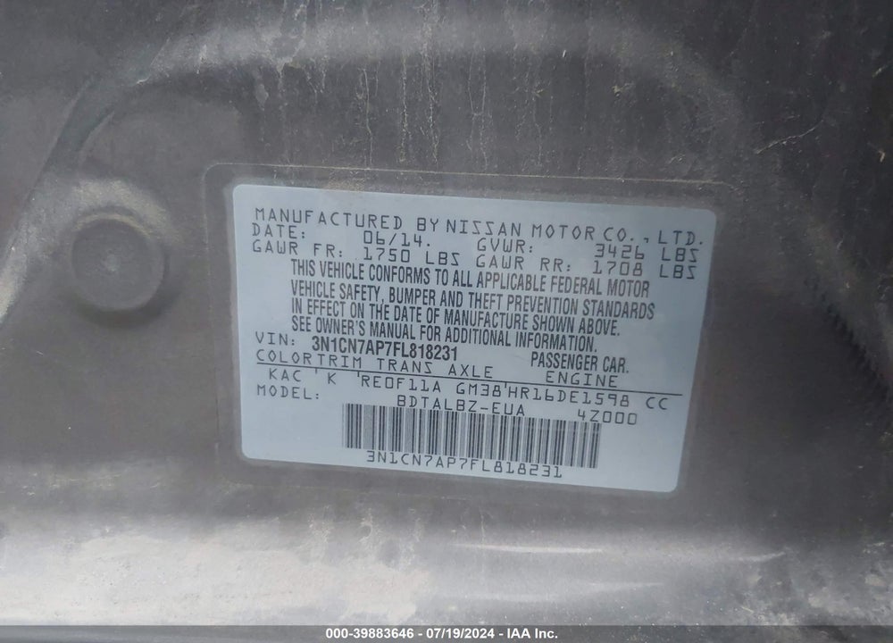 2015 NISSAN VERSA 1.6 S/1.6 S+/1.6 SL/1.6 SV VIN: 3N1CN7AP7FL818231