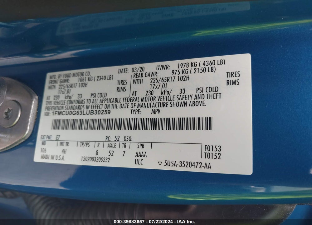 2020 FORD ESCAPE SE VIN: 1FMCU0G63LUB30259
