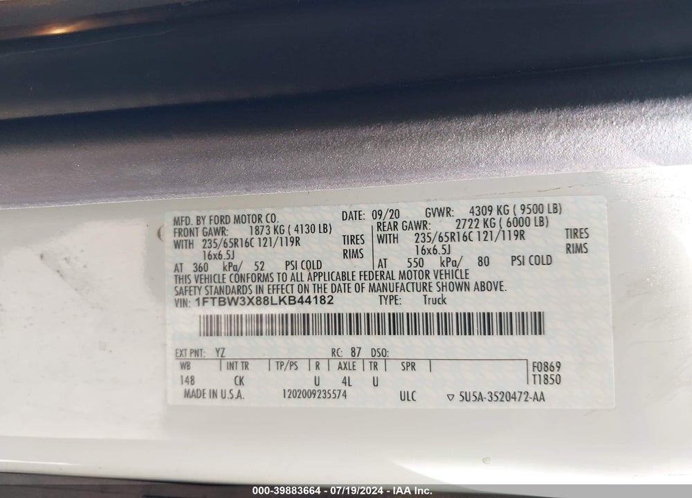 2020 FORD TRANSIT-350 CARGO VAN VIN: 1FTBW3X88LKB44182