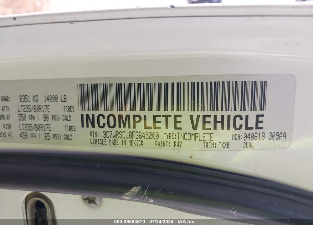 2015 RAM 3500 CHASSIS TRADESMAN/SLT/LAIE VIN: 3C7WRSCL8FG645200