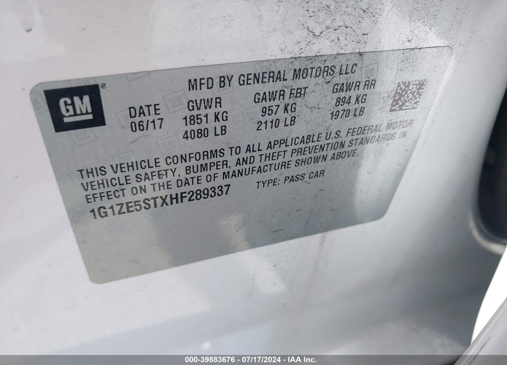 2017 CHEVROLET MALIBU 1LT VIN: 1G1ZE5STXHF289337