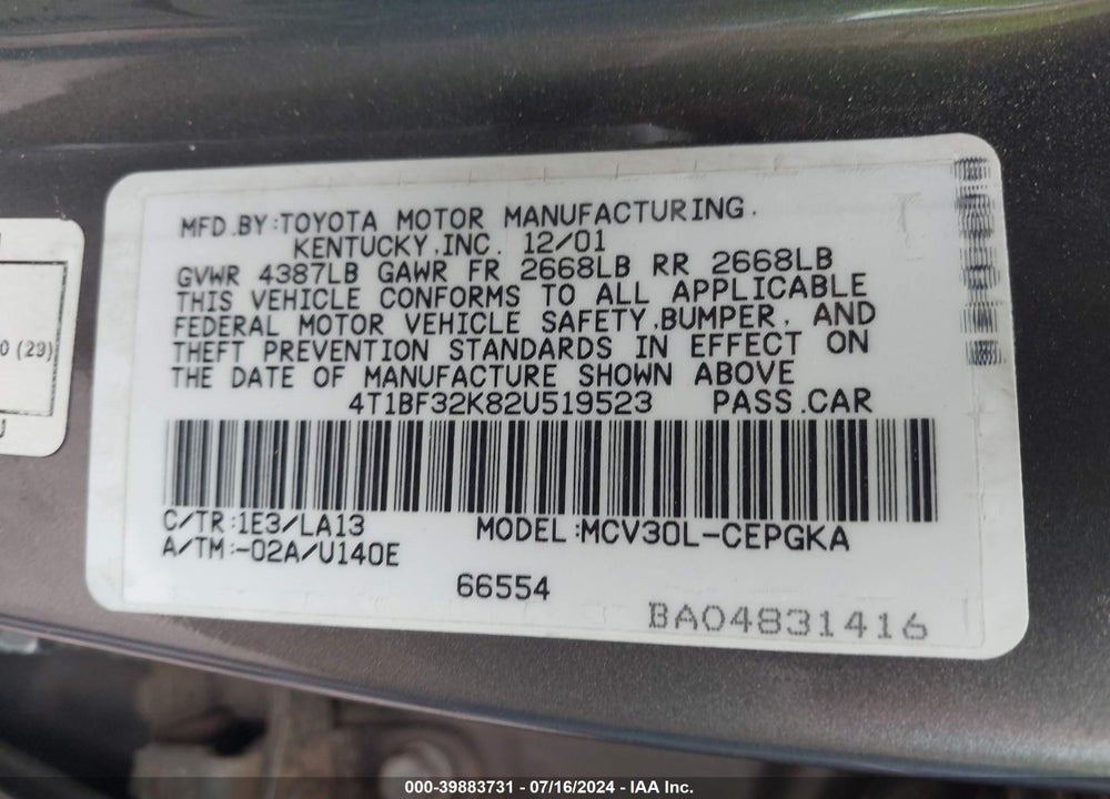 2002 TOYOTA CAMRY XLE V6 VIN: 4T1BF32K82U519523