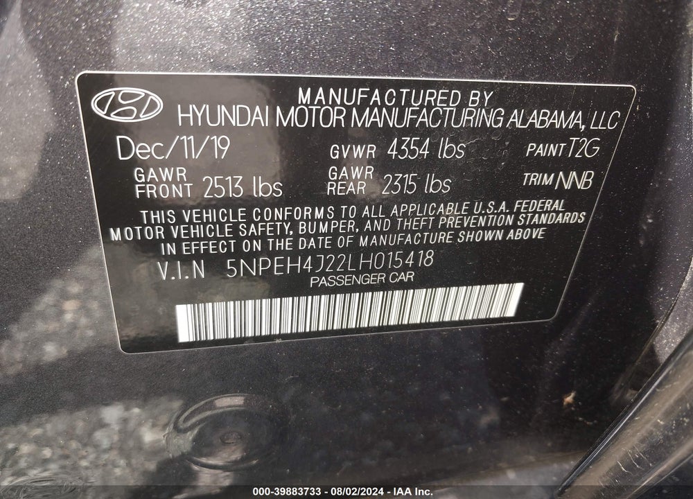 2020 HYUNDAI SONATA LIMITED VIN: 5NPEH4J22LH015418