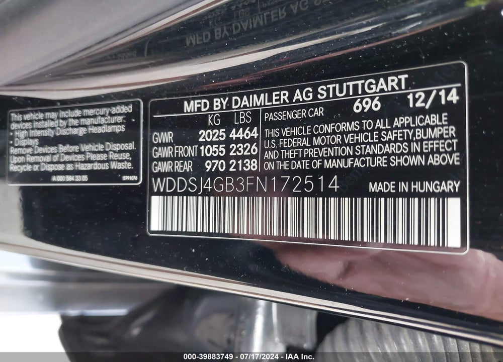2015 MERCEDES-BENZ CLA 250 4MATIC VIN: WDDSJ4GB3FN172514