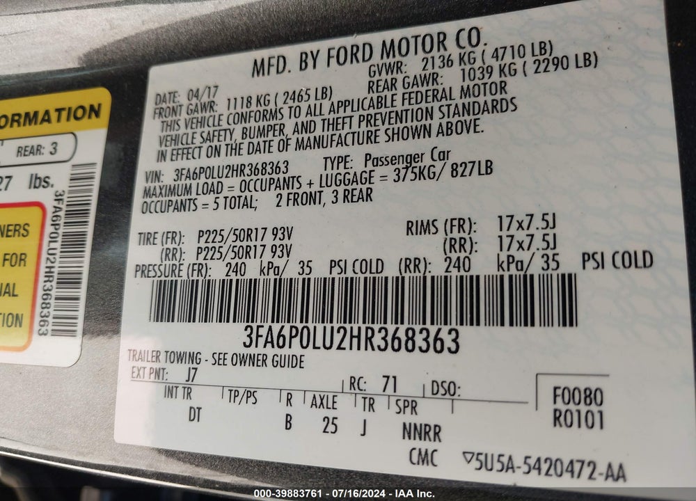 2017 FORD FUSION HYBRID SE VIN: 3FA6P0LU2HR368363