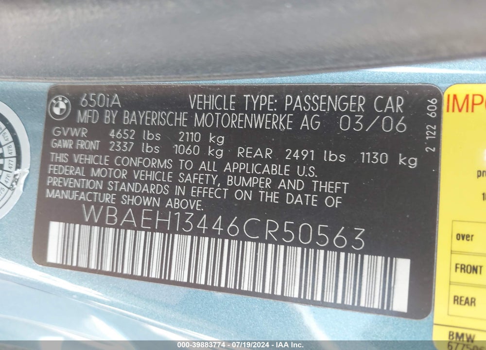 2006 BMW 650I VIN: WBAEH13446CR50563