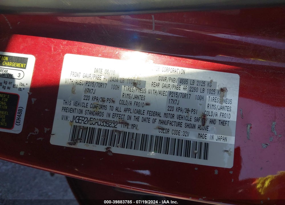 2010 MAZDA CX-7 I SV VIN: JM3ER2W50A0339232