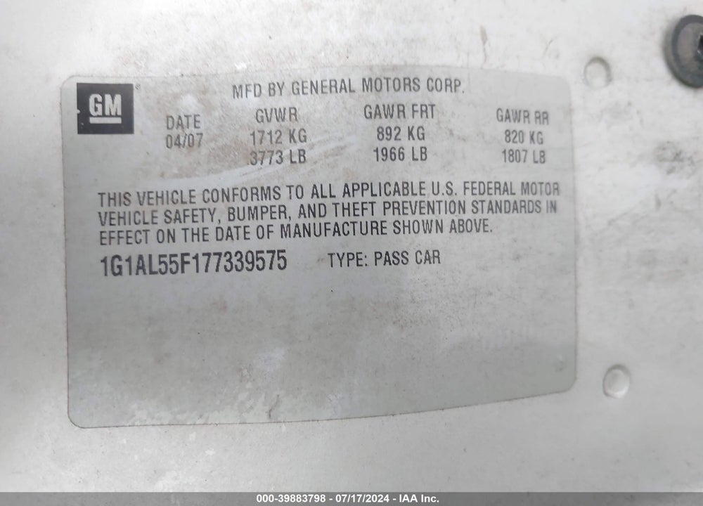 2007 CHEVROLET COBALT LT VIN: 1G1AL55F177339575