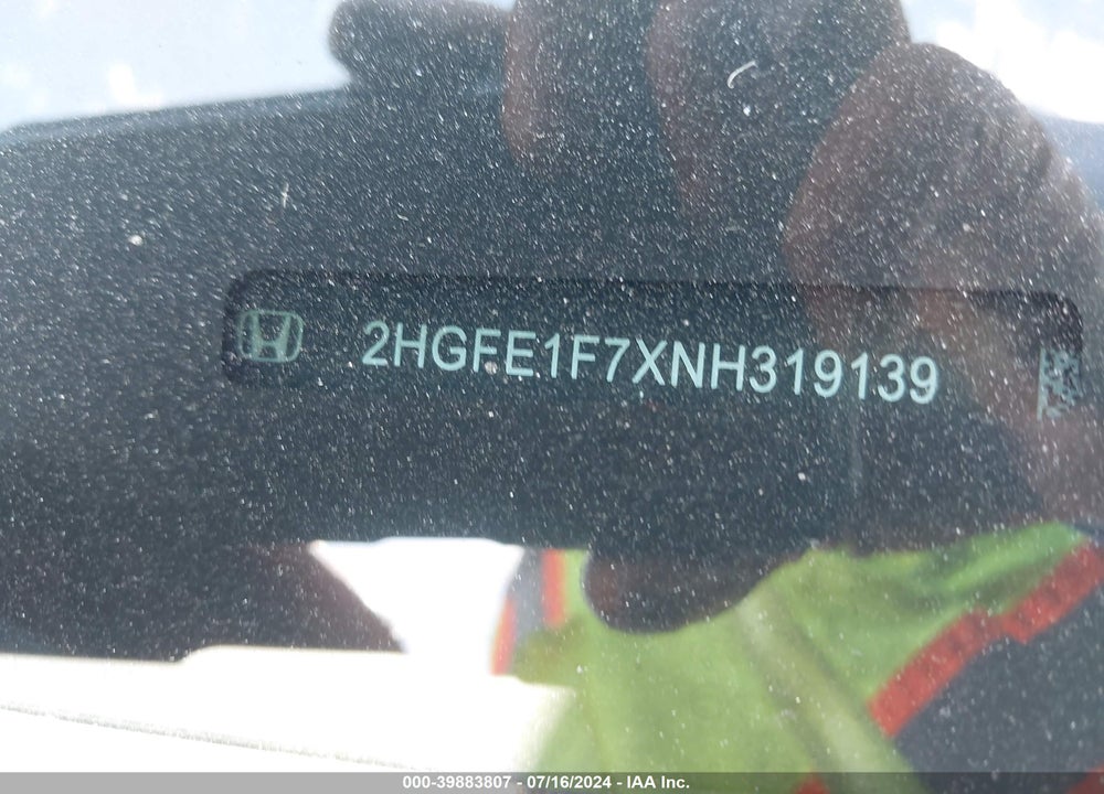 2022 HONDA CIVIC EX VIN: 2HGFE1F7XNH319139