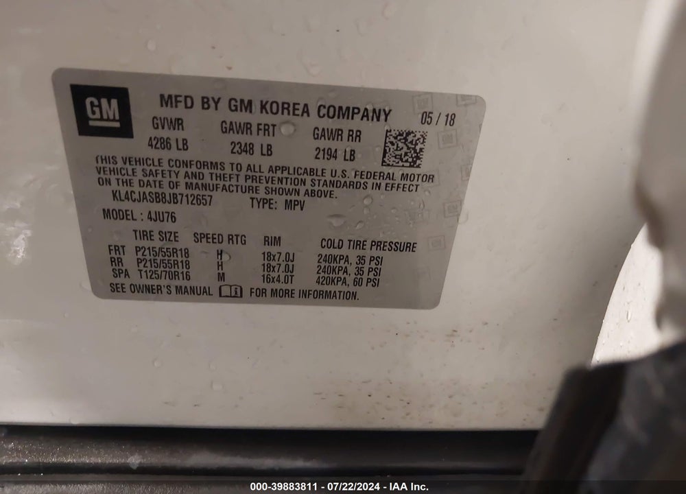 2018 BUICK ENCORE PREFERRED VIN: KL4CJASB8JB712657