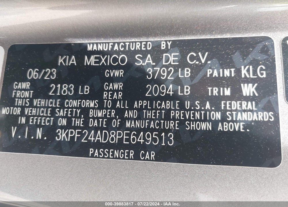 2023 KIA FORTE LXS VIN: 3KPF24AD8PE649513