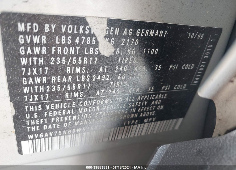 2009 VOLKSWAGEN TIGUAN S/SE/SEL VIN: WVGAV75N69W519899