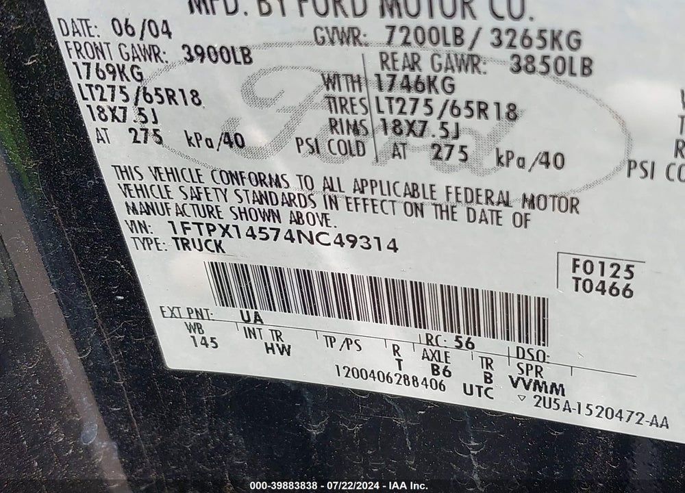 2004 FORD F-150 FX4/LARIAT/XL/XLT VIN: 1FTPX14574NC49314