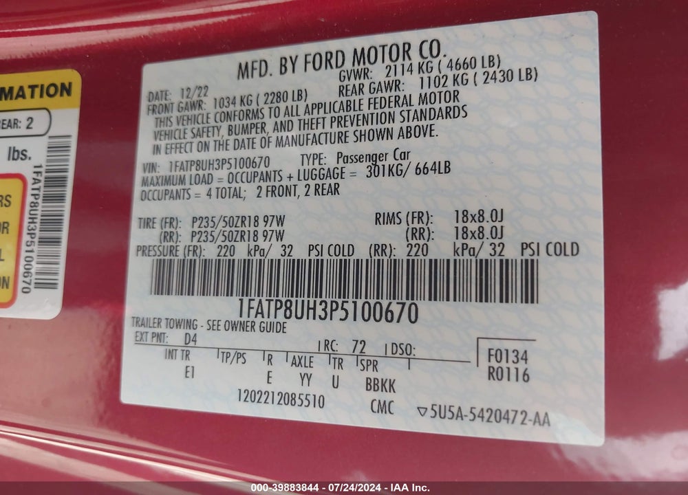 2023 FORD MUSTANG ECOBOOST PREMIUM VIN: 1FATP8UH3P5100670