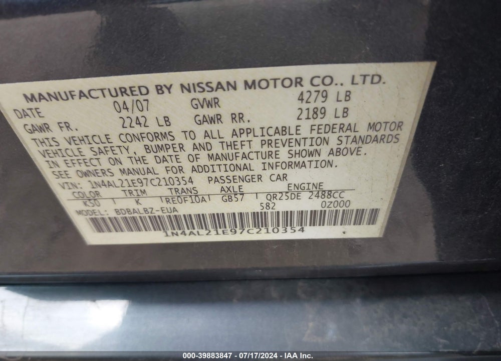 2007 NISSAN ALTIMA 2.5 S VIN: 1N4AL21E97C210354