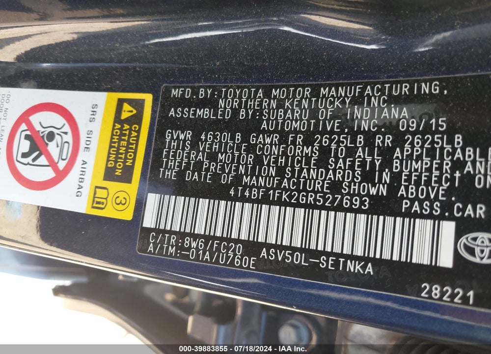 2016 TOYOTA CAMRY LE VIN: 4T4BF1FK2GR527693