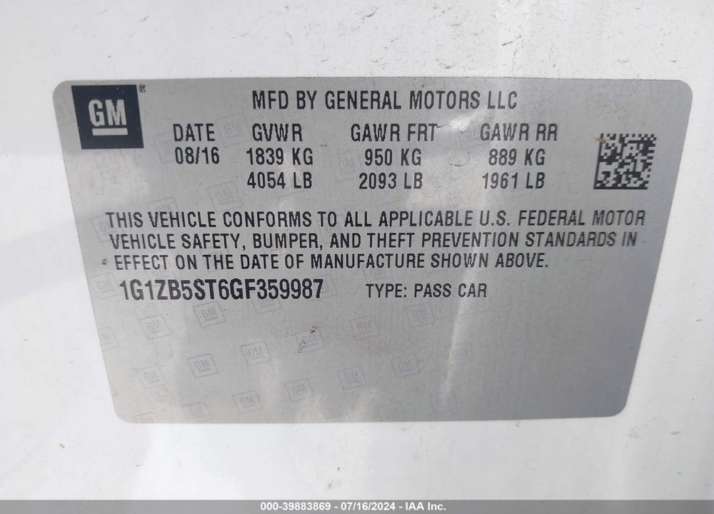 2016 CHEVROLET MALIBU LS VIN: 1G1ZB5ST6GF359987