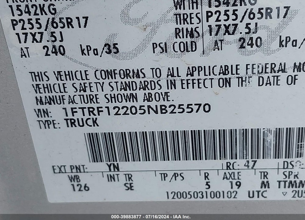 2005 FORD F-150 STX/XL/XLT VIN: 1FTRF12205NB25570