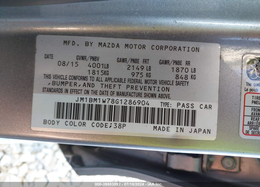 2016 MAZDA 3 I TOURING VIN: JM1BM1W78G1286904