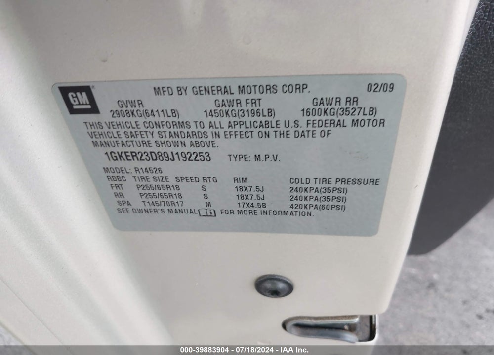 2009 GMC ACADIA SLT-1 VIN: 1GKER23D89J192253