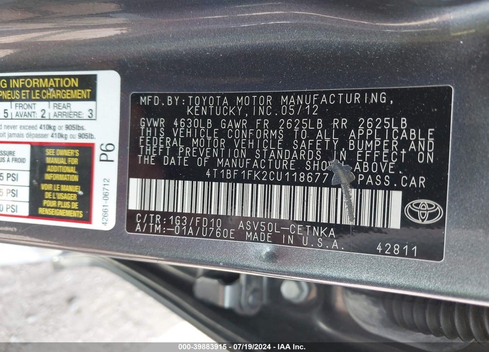 2012 TOYOTA CAMRY LE VIN: 4T1BF1FK2CU118677