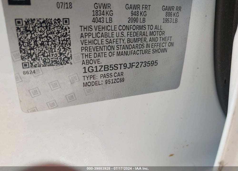 2018 CHEVROLET MALIBU 1LS VIN: 1G1ZB5ST9JF273595