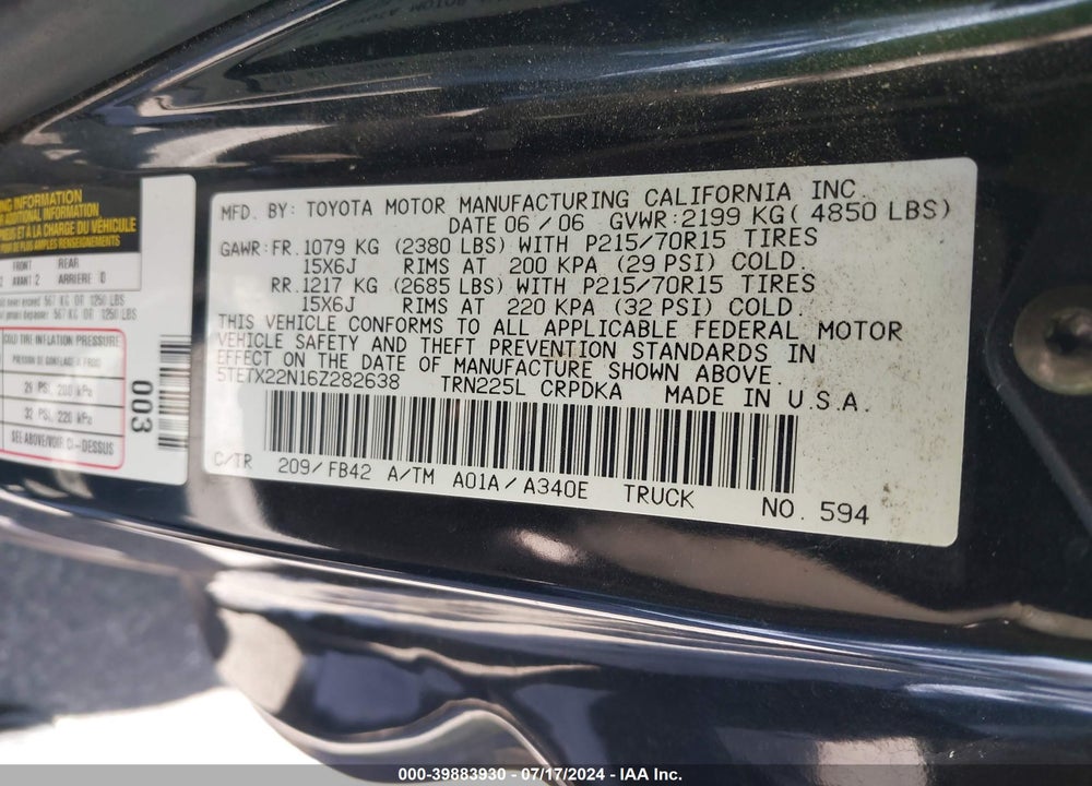 2006 TOYOTA TACOMA VIN: 5TETX22N16Z282638
