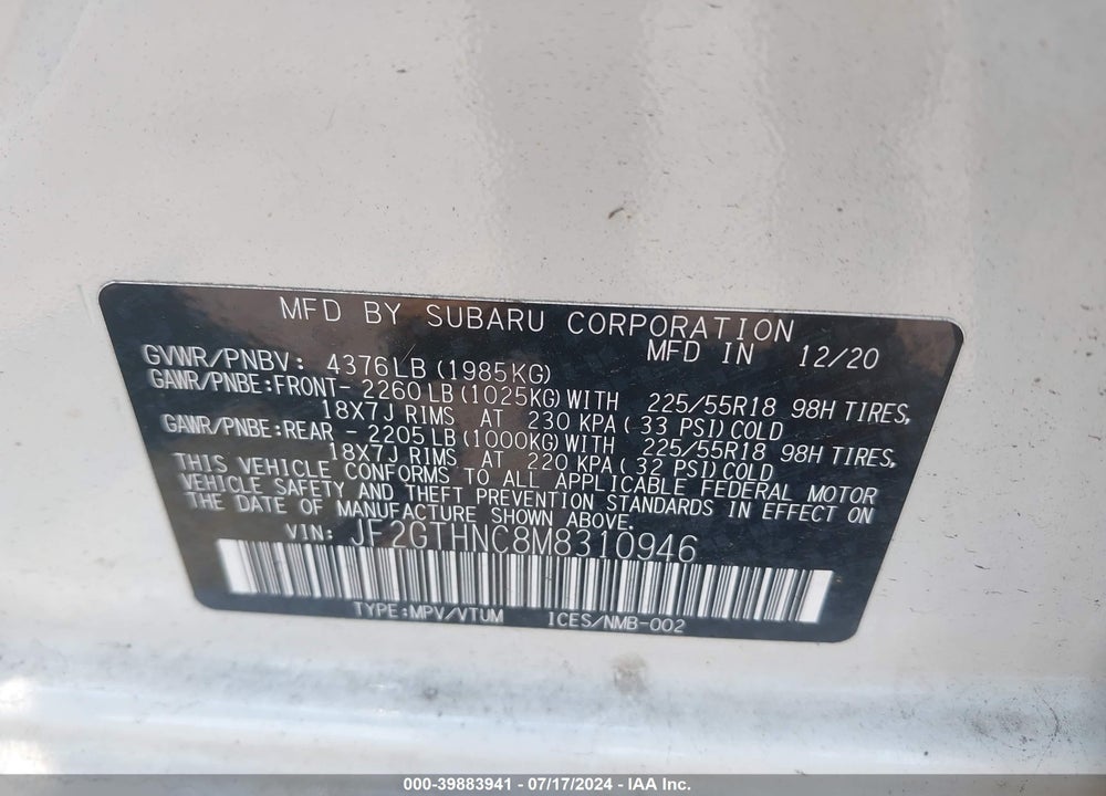 2021 SUBARU CROSSTREK LIMITED VIN: JF2GTHNC8M8310946