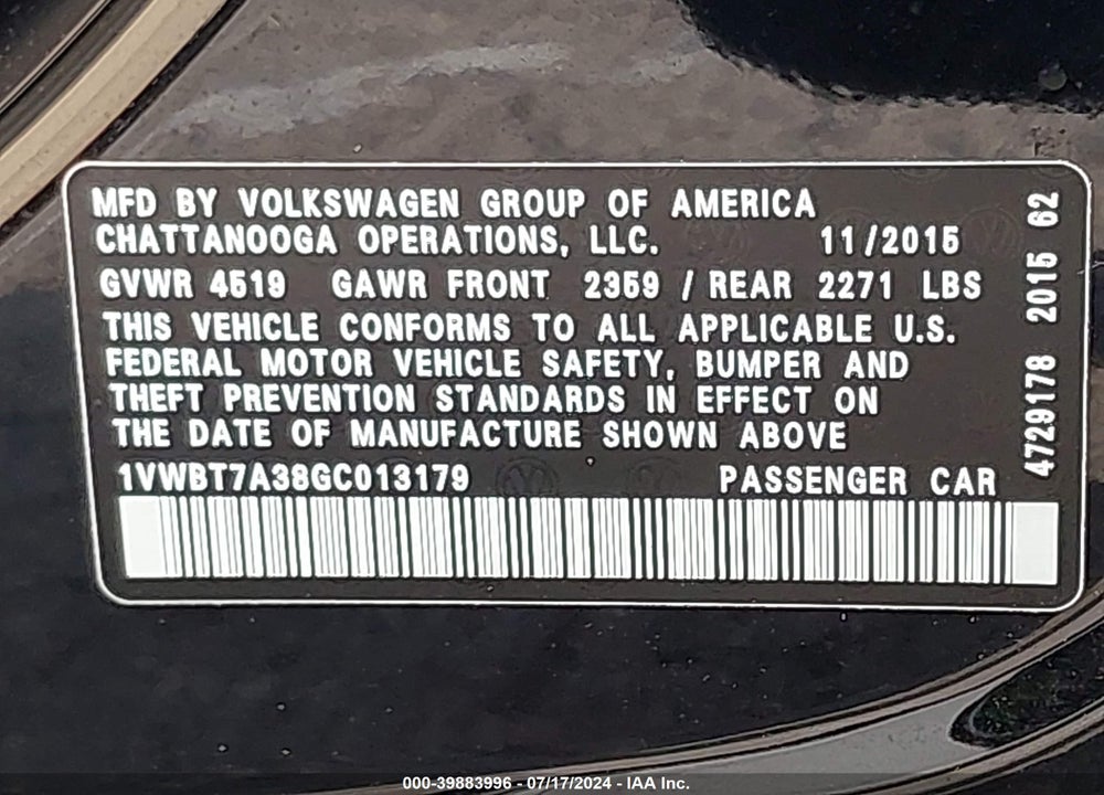 2016 VOLKSWAGEN PASSAT 1.8T SE VIN: 1VWBT7A38GC013179