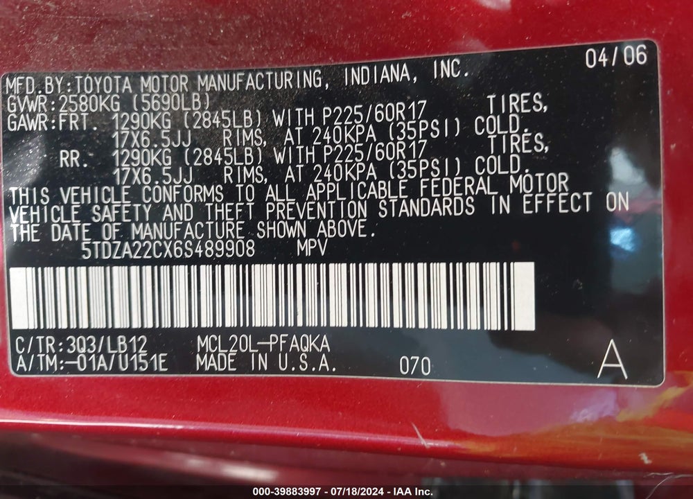 2006 TOYOTA SIENNA XLE VIN: 5TDZA22CX6S489908