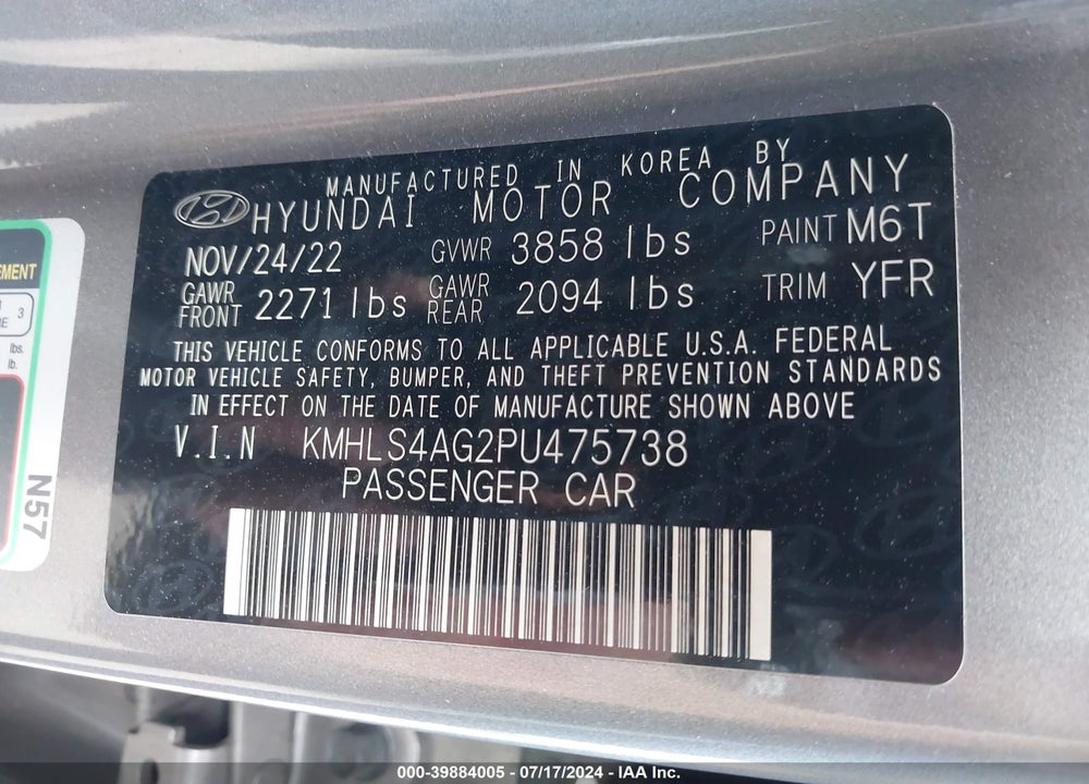 2023 HYUNDAI ELANTRA SEL VIN: KMHLS4AG2PU475738