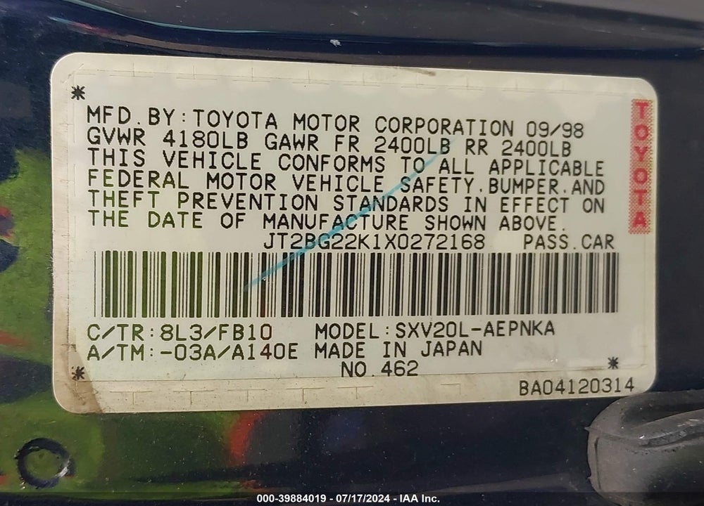 1999 TOYOTA CAMRY LE VIN: JT2BG22K1X0272168