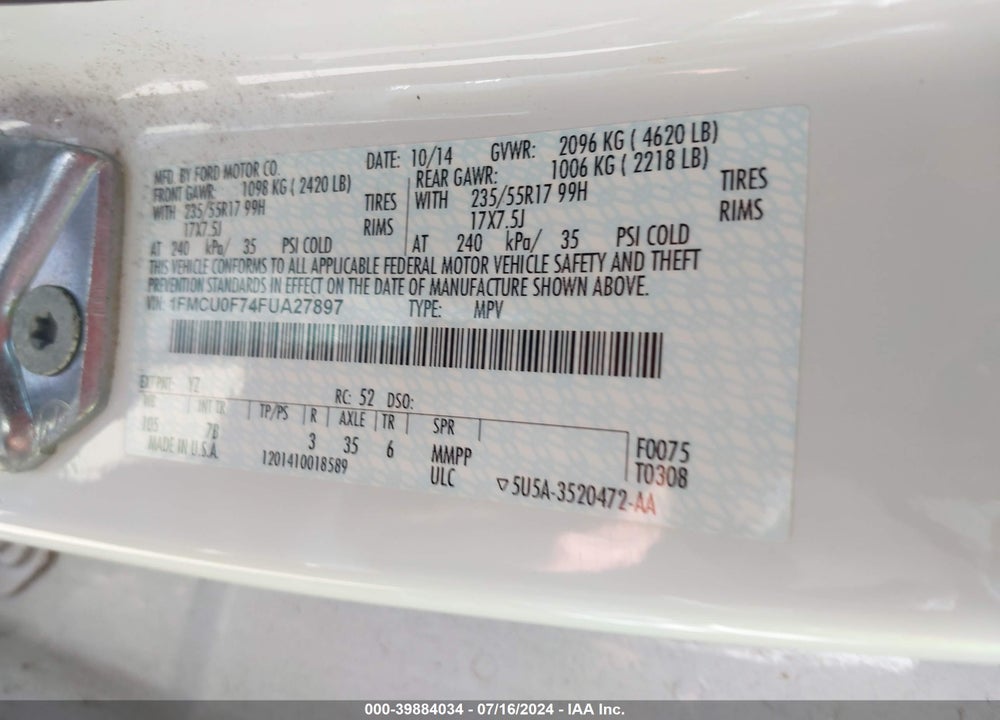 2015 FORD ESCAPE S VIN: 1FMCU0F74FUA27897