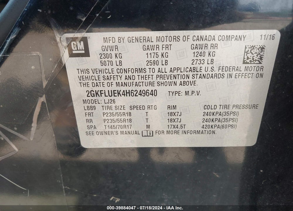2017 GMC TERRAIN SLT VIN: 2GKFLUEK4H6249640