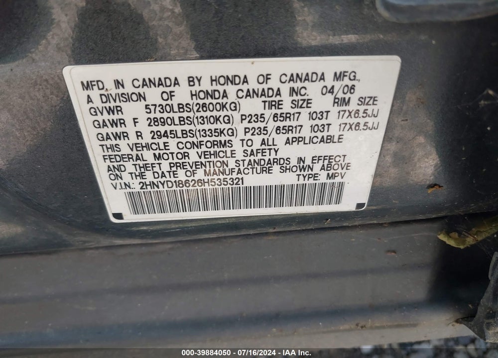 2006 ACURA MDX VIN: 2HNYD18626H535321