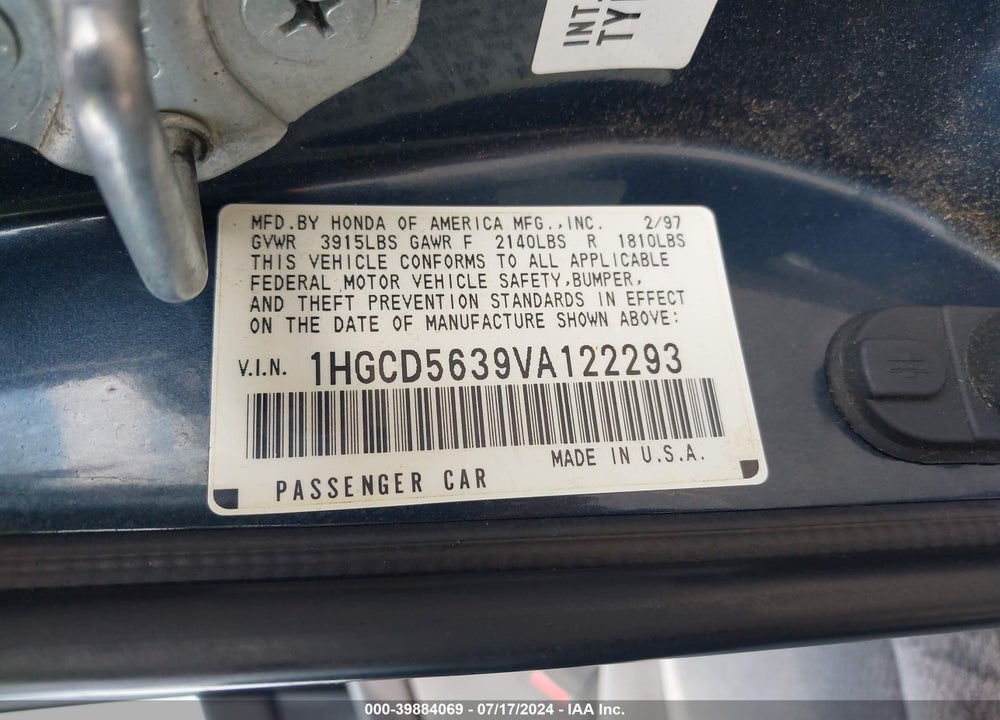 1997 HONDA ACCORD LX VIN: 1HGCD5639VA122293