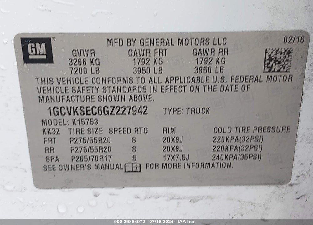 2016 CHEVROLET SILVERADO 1500 1LZ VIN: 1GCVKSEC6GZ227942