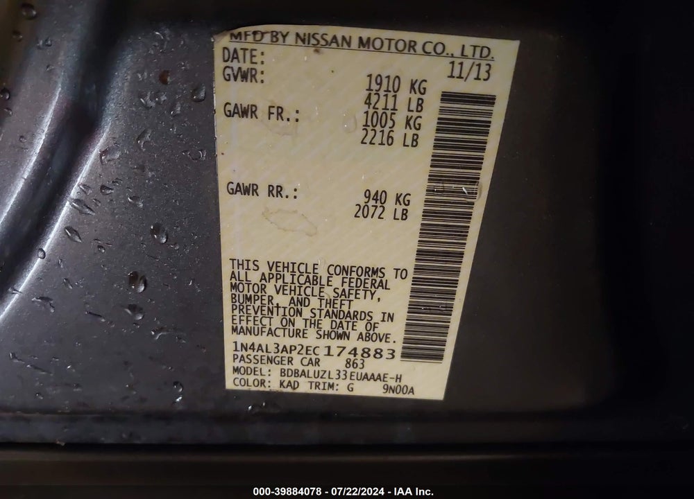 2014 NISSAN ALTIMA 2.5 SV VIN: 1N4AL3AP2EC174883