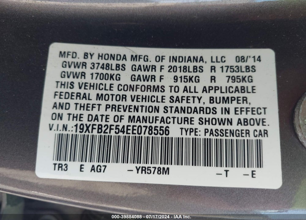 2014 HONDA CIVIC LX VIN: 19XFB2F54EE078556