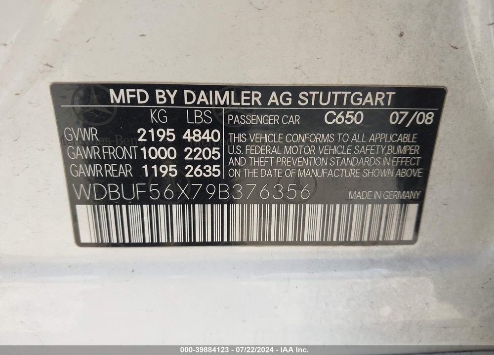 2009 MERCEDES-BENZ E 350 VIN: WDBUF56X79B376356