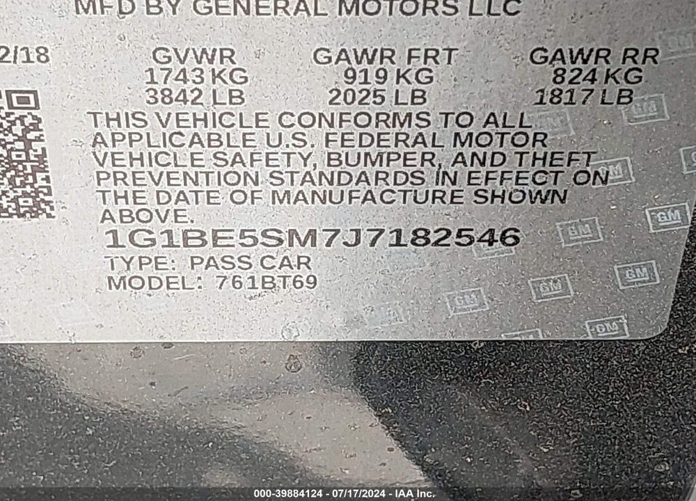 2018 CHEVROLET CRUZE LT AUTO VIN: 1G1BE5SM7J7182546